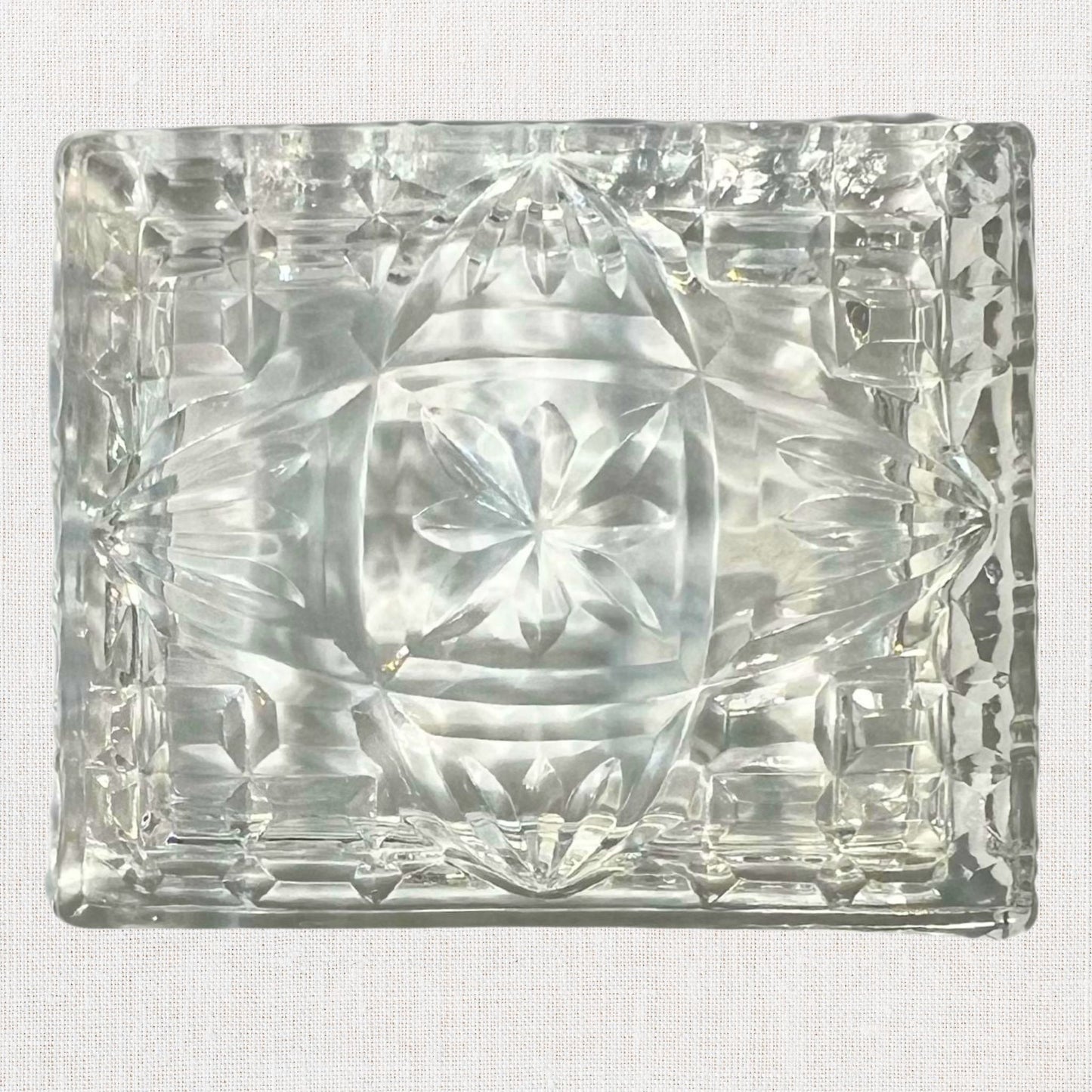 Vintage Diamond Cut Glass Trinket Box with Lid – Clear Pressed Design