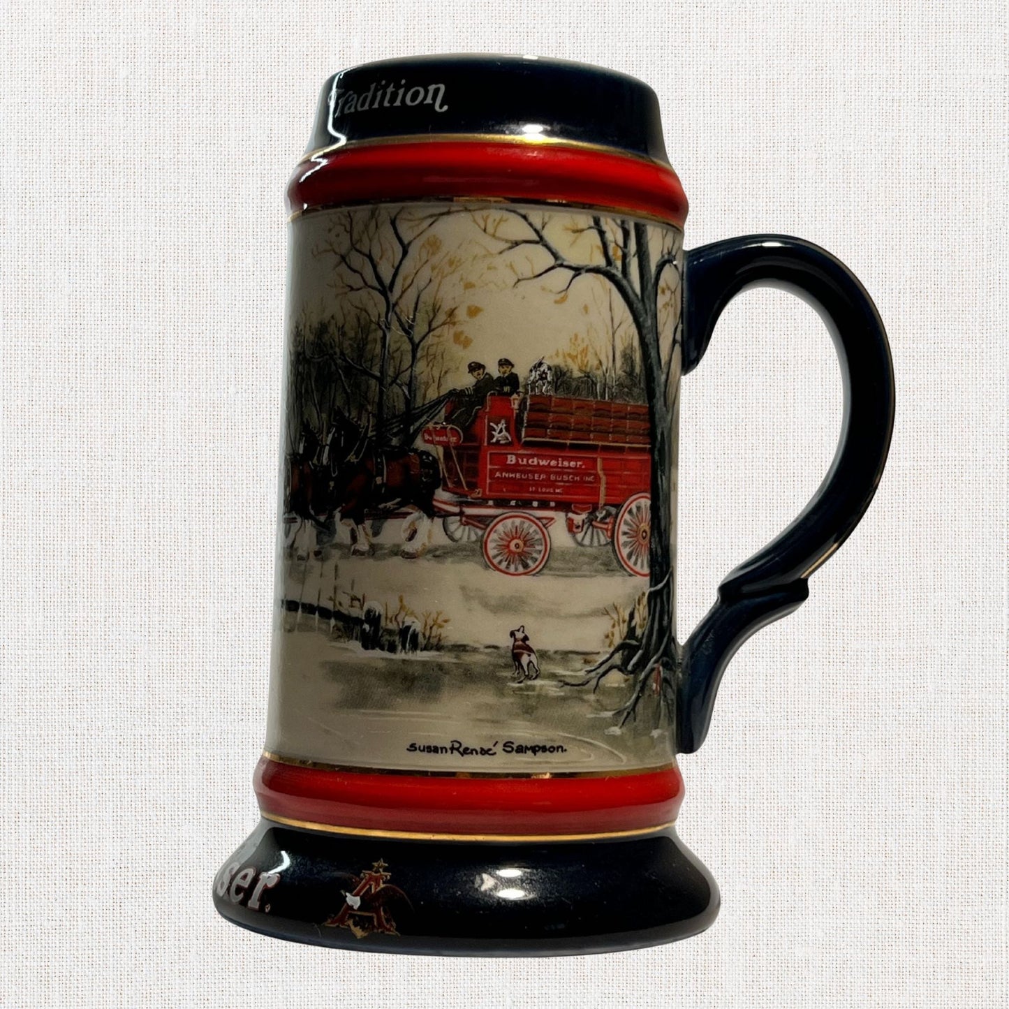 Budweiser 1990 collectible beer stein – winter village design, on neutral background, vintage home decor or collectible.