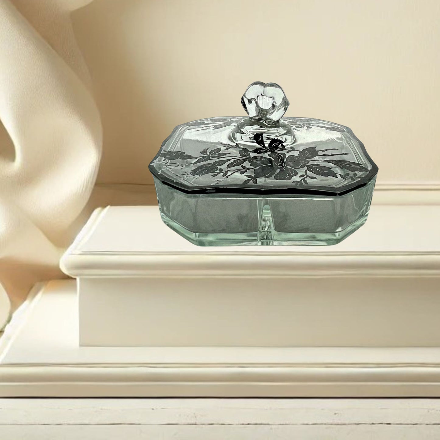 Rare Vintage Clear Glass Trinket Box with Silver Overlay – Three-Compartment Design