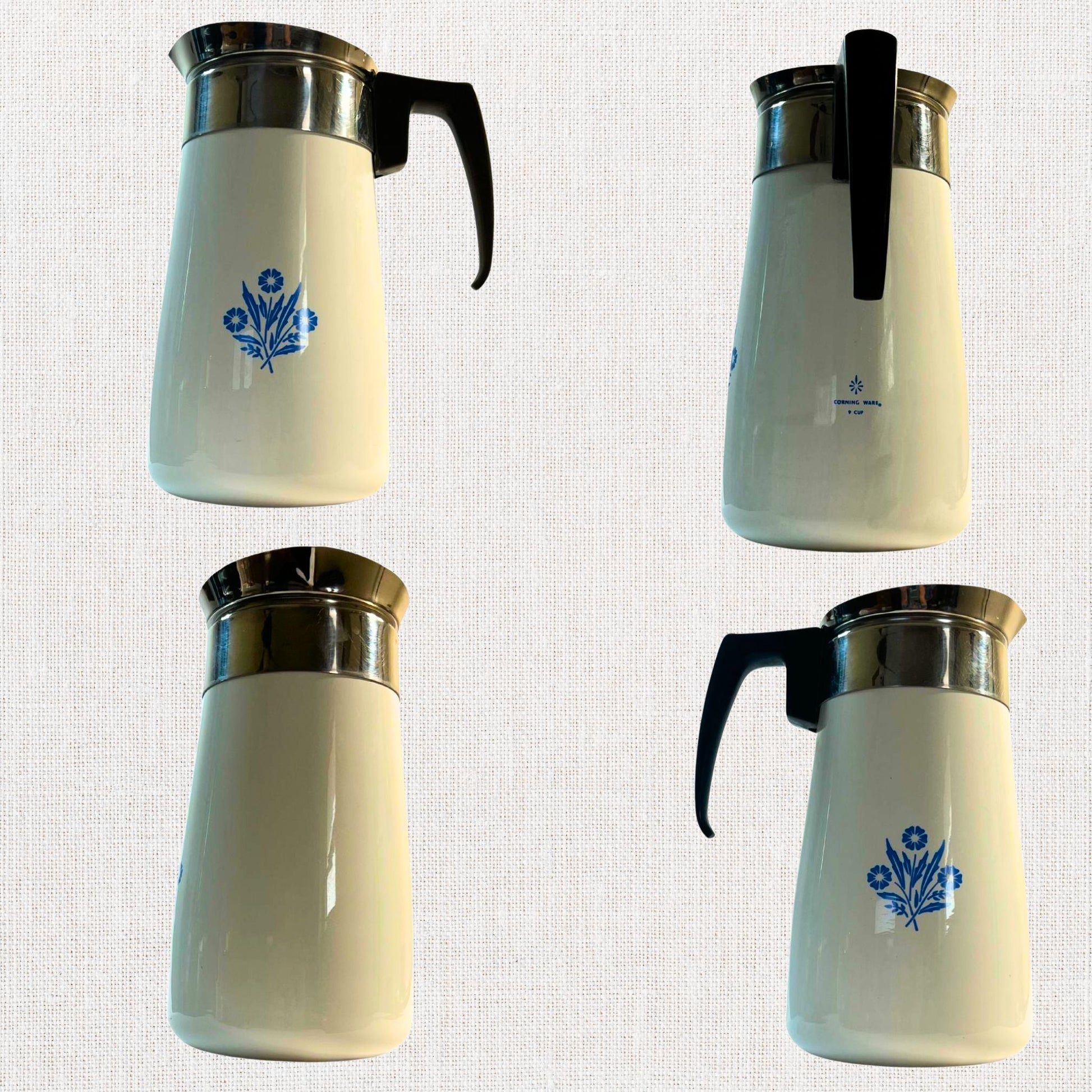 Corningware blue cornflower coffee pot on neutral background, vintage home decor or collectible.