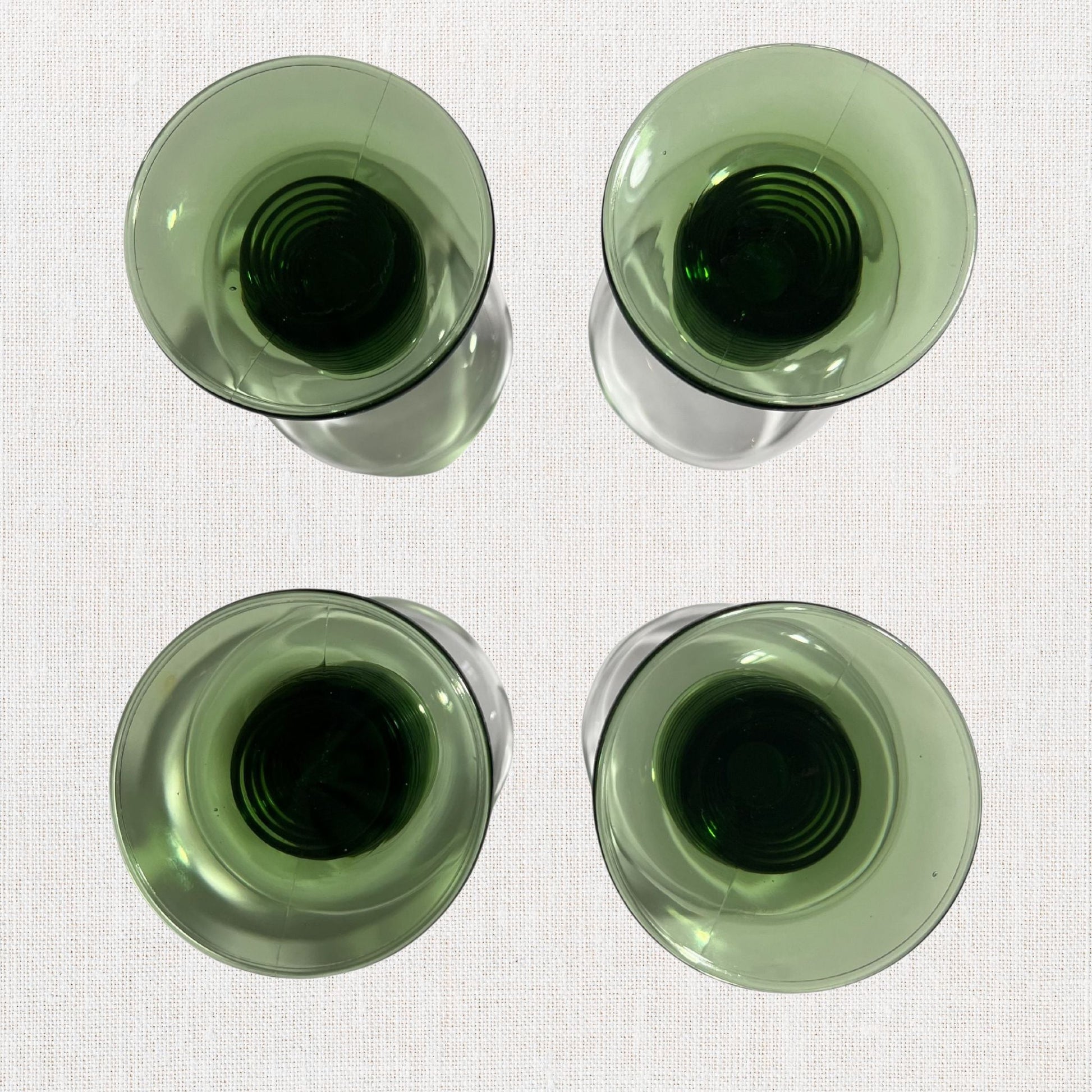 Luminarc green beehive stem cordial glasses on neutral background, vintage home decor or collectible.