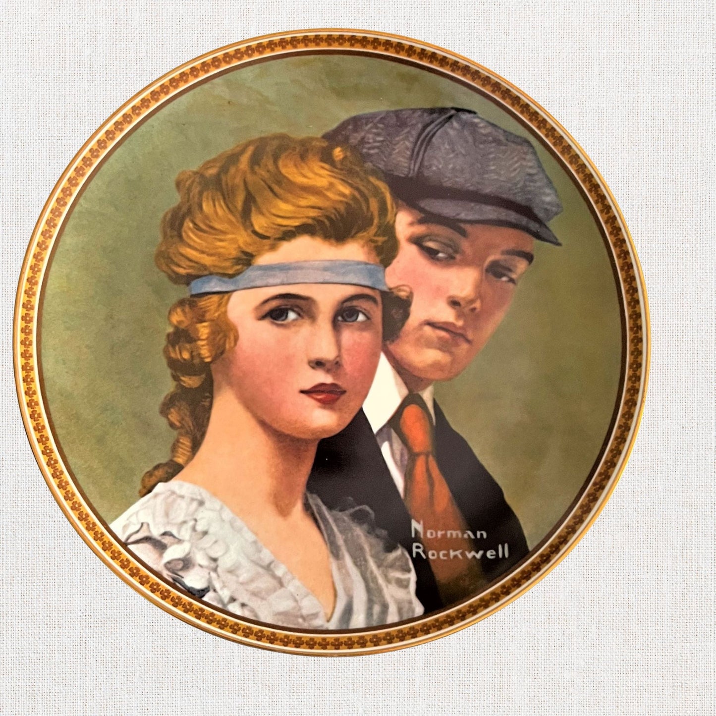 Norman rockwell meeting on the path plate on neutral background, vintage home decor or collectible.