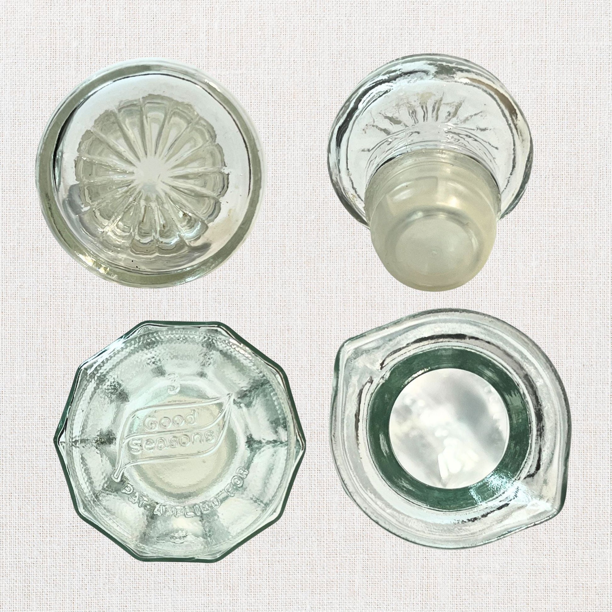 Good seasons clear octagon shaped cruet on neutral background, vintage home decor or collectible.