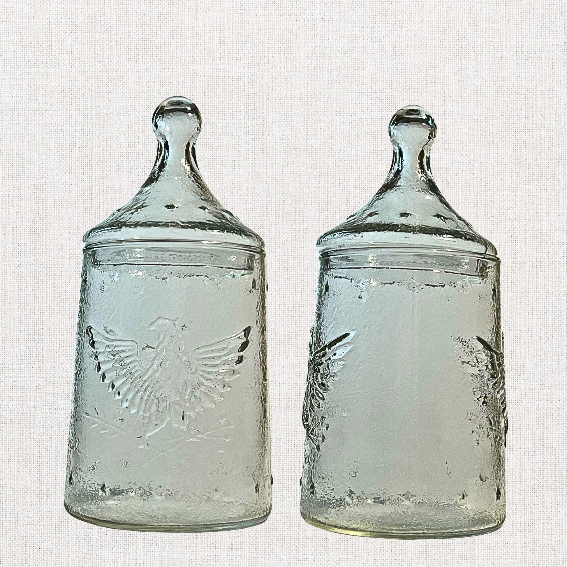 Apocathary jar with eagle and stars on neutral background, vintage home decor or collectible.