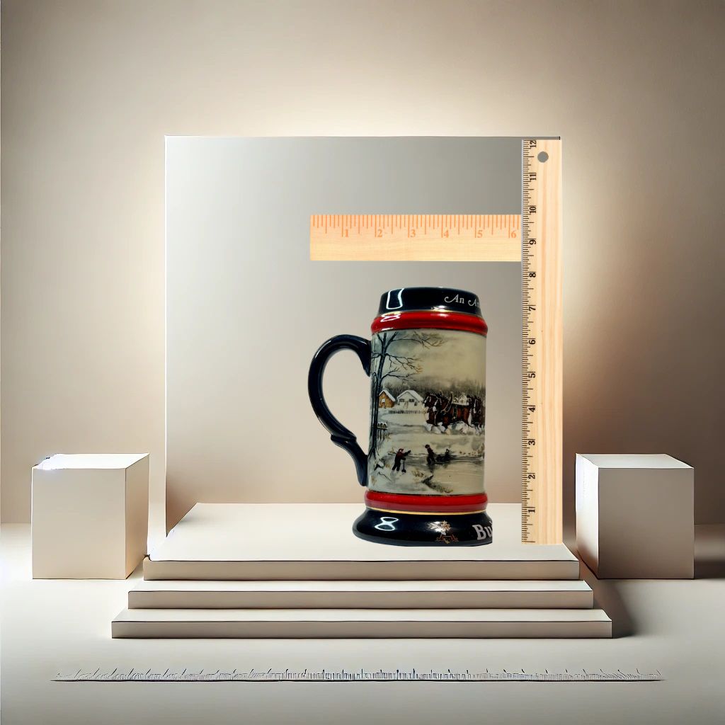Budweiser 1990 collectible beer stein – winter village design, on neutral background, vintage home decor or collectible.