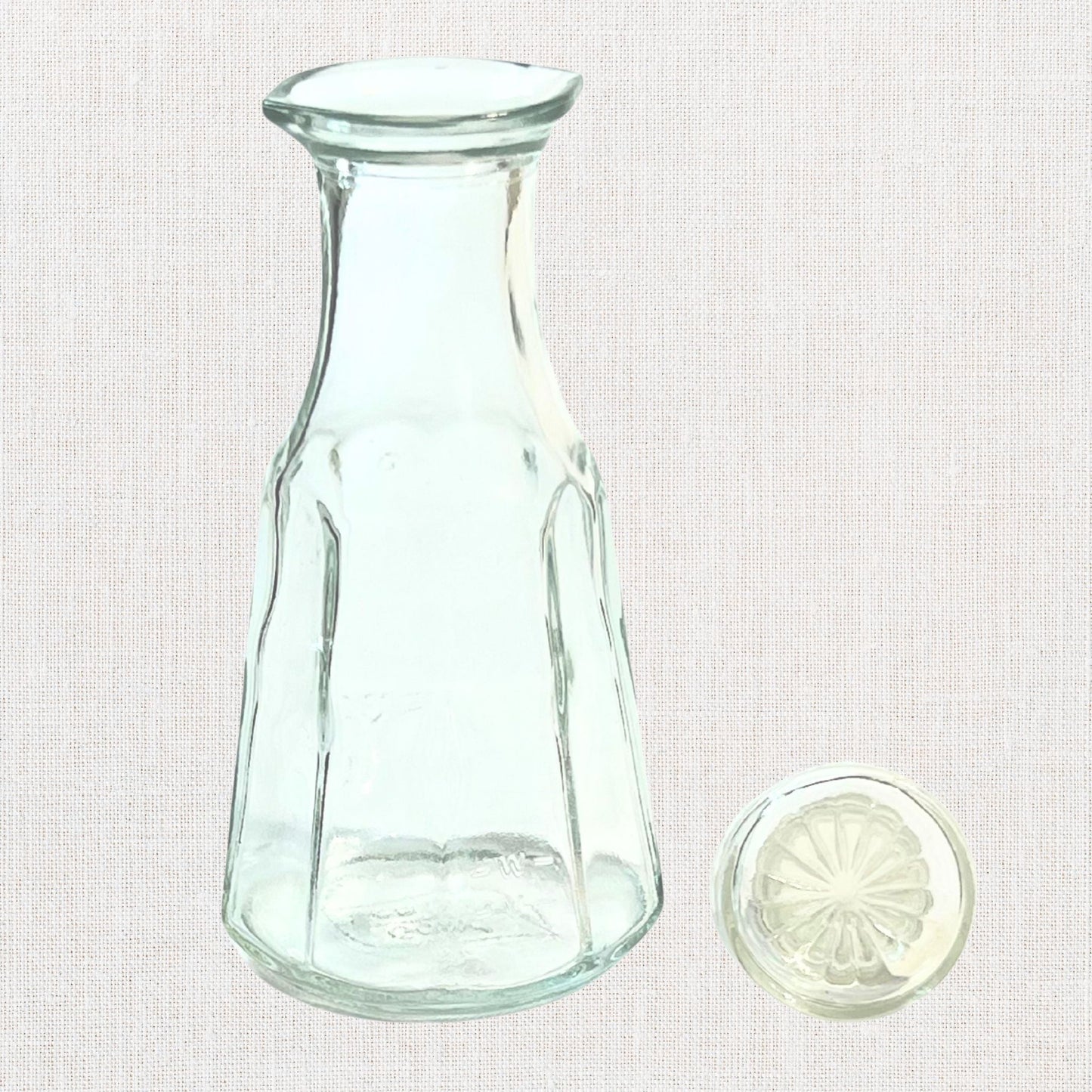 Good seasons clear octagon shaped cruet on neutral background, vintage home decor or collectible.