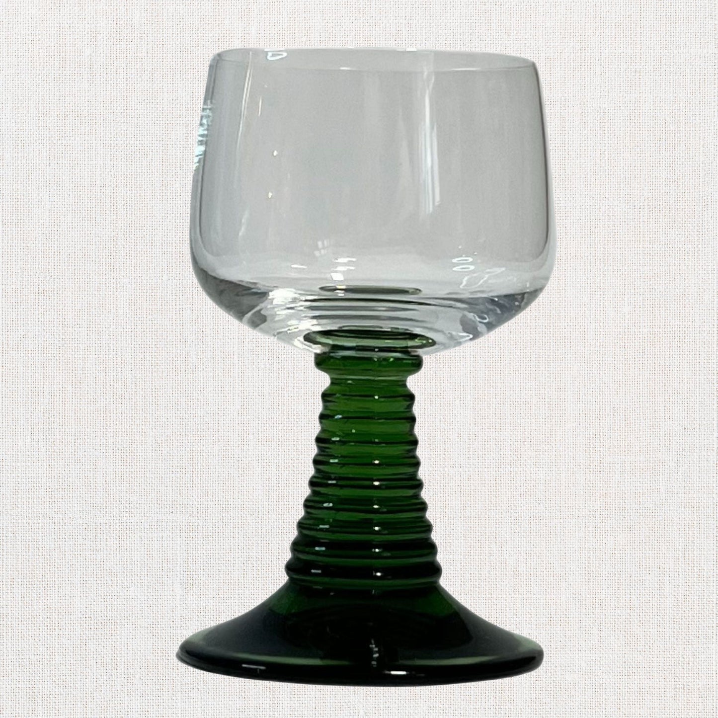 Luminarc green beehive stem cordial glasses on neutral background, vintage home decor or collectible.