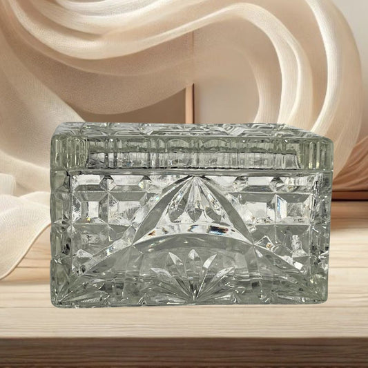 Vintage Diamond Cut Glass Trinket Box with Lid – Clear Pressed Design