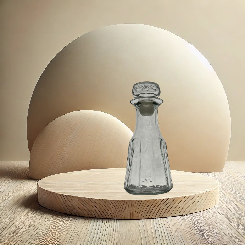 Good seasons clear octagon shaped cruet on neutral background, vintage home decor or collectible.