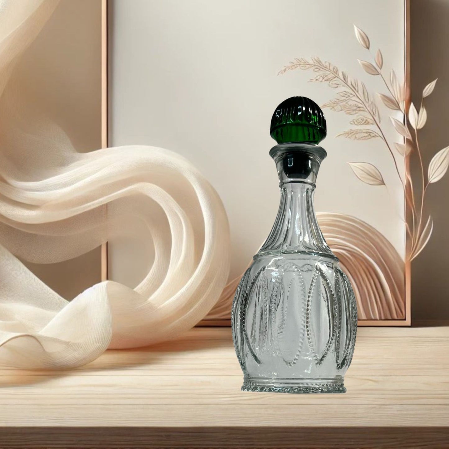 Avon “Jeannie Bottle” Decanter – Clear Pressed Glass with Emerald Stopper