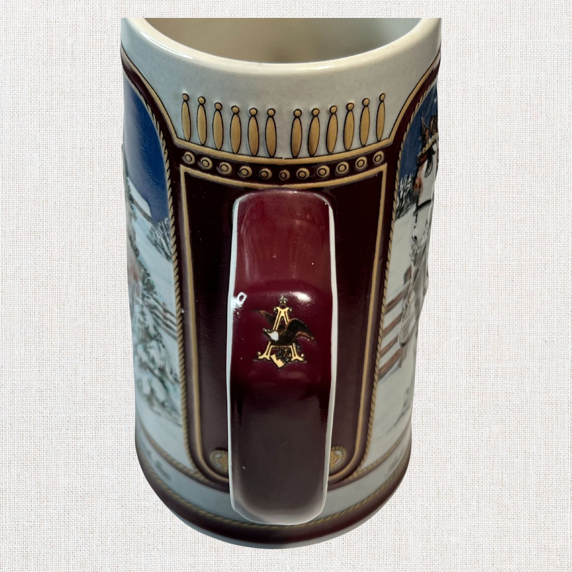 Budweiser 1989 ceramic beer stein with holiday Clydesdale scene, on neutral background, vintage home decor or collectible.