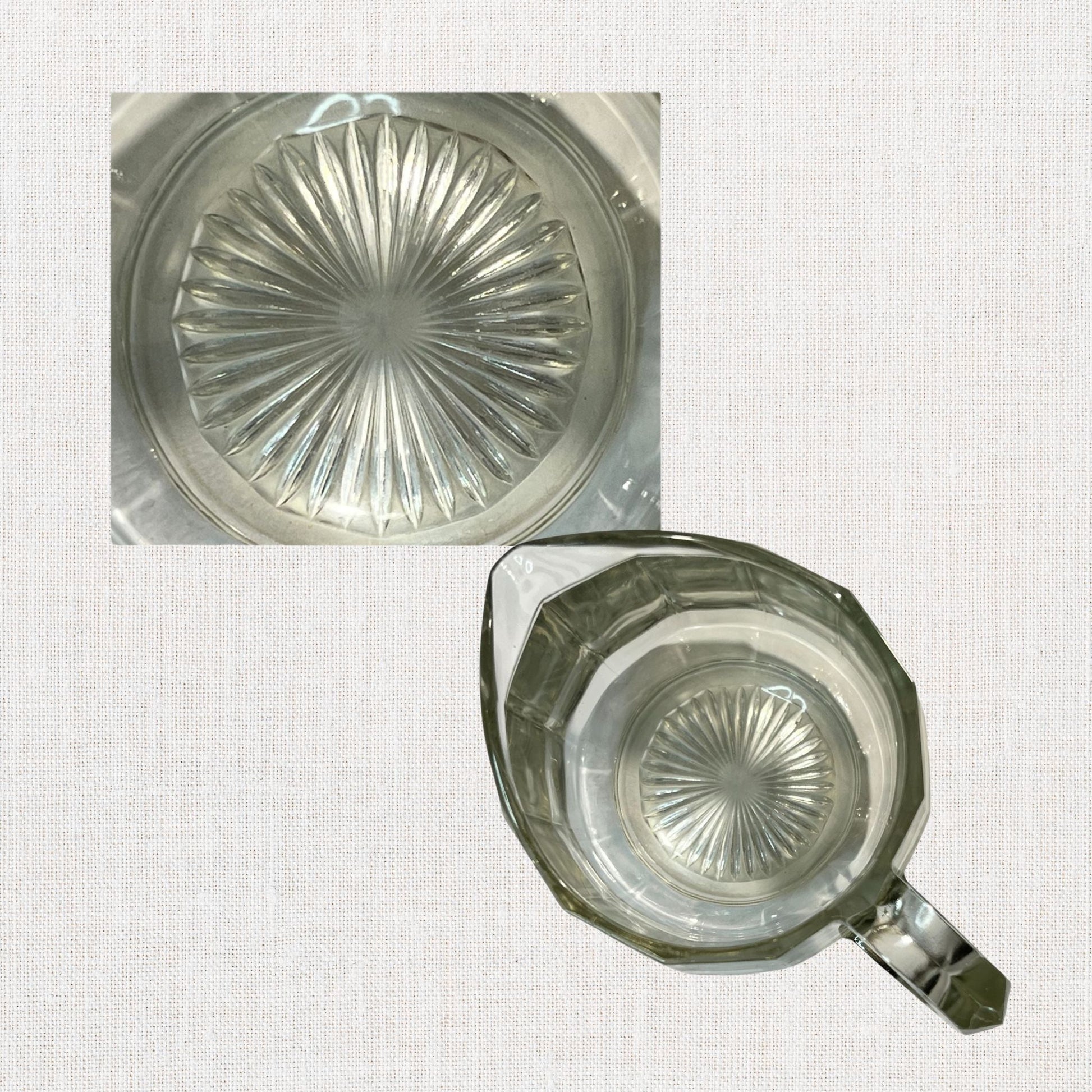 Clear glass ribbed creamer on neutral background, vintage home decor or collectible.