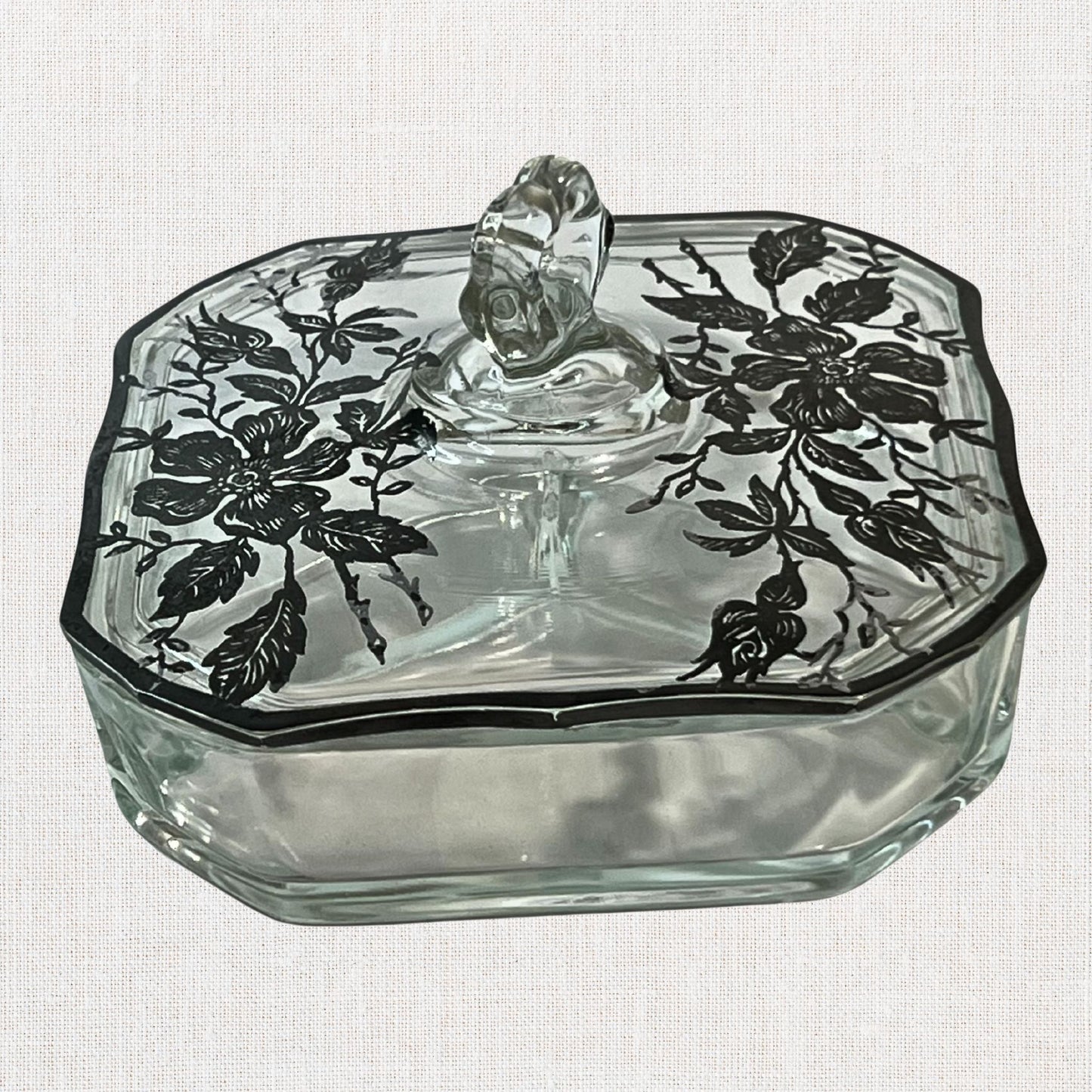 Rare Vintage Clear Glass Trinket Box with Silver Overlay – Three-Compartment Design