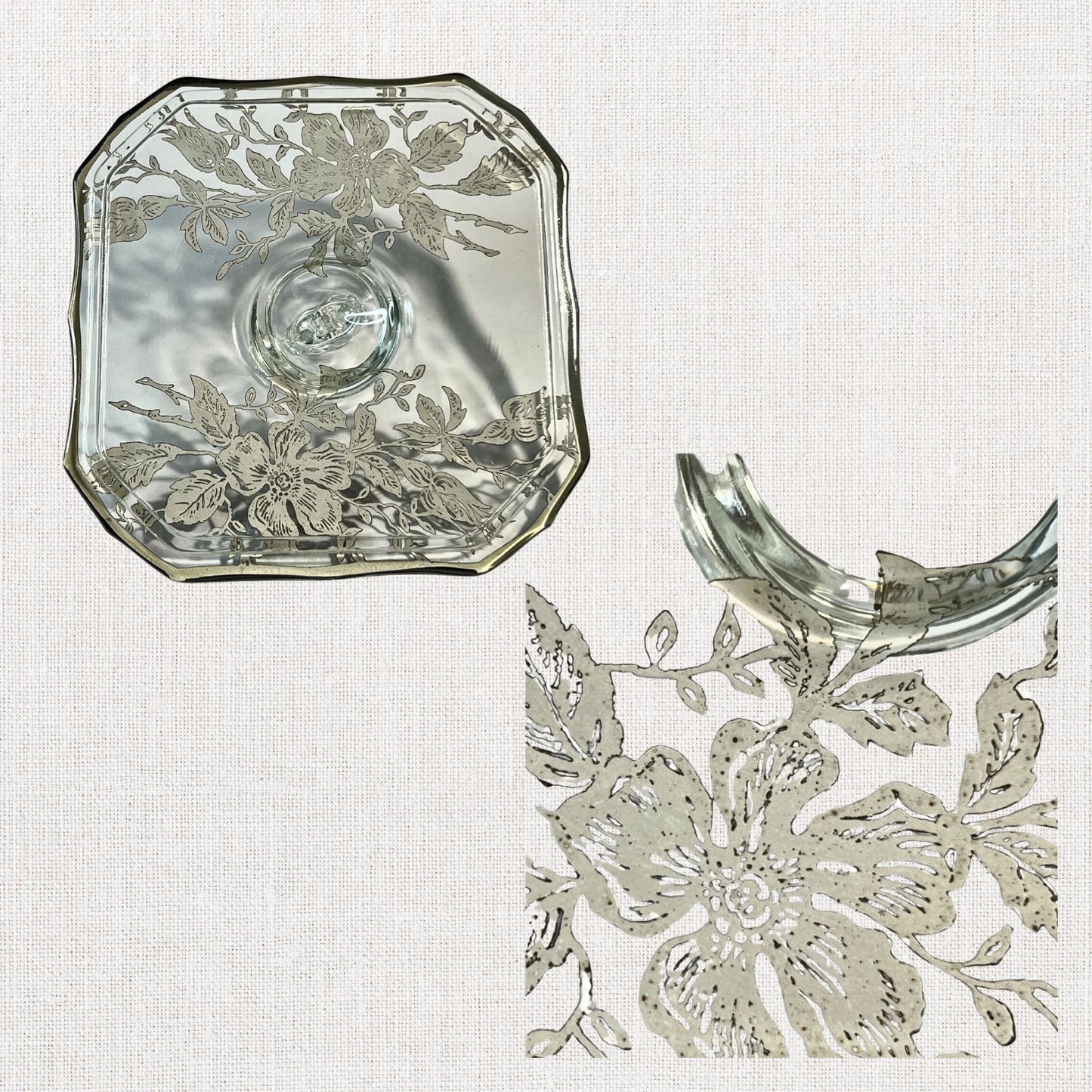 Rare Vintage Clear Glass Trinket Box with Silver Overlay – Three-Compartment Design