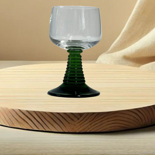 Luminarc green beehive stem cordial glasses on neutral background, vintage home decor or collectible.