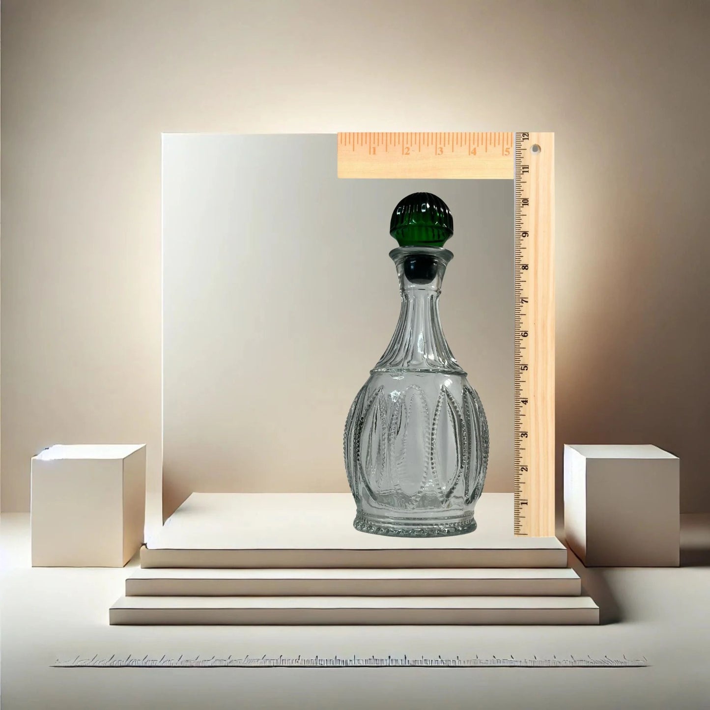 Avon “Jeannie Bottle” Decanter – Clear Pressed Glass with Emerald Stopper