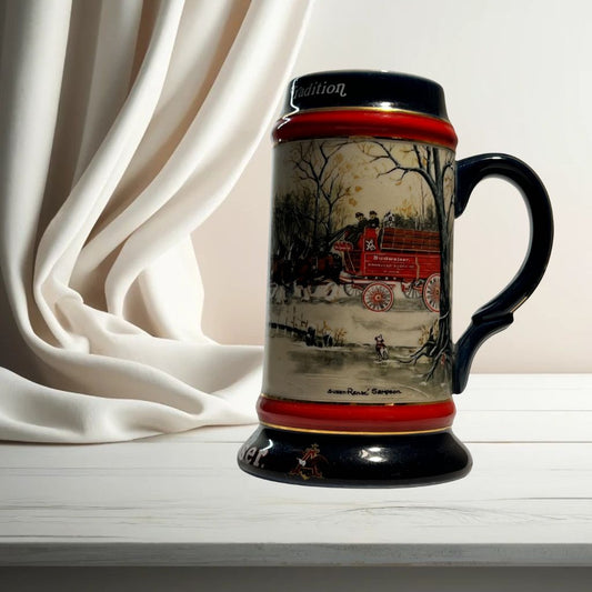 Budweiser 1990 collectible beer stein – winter village design, on neutral background, vintage home decor or collectible.