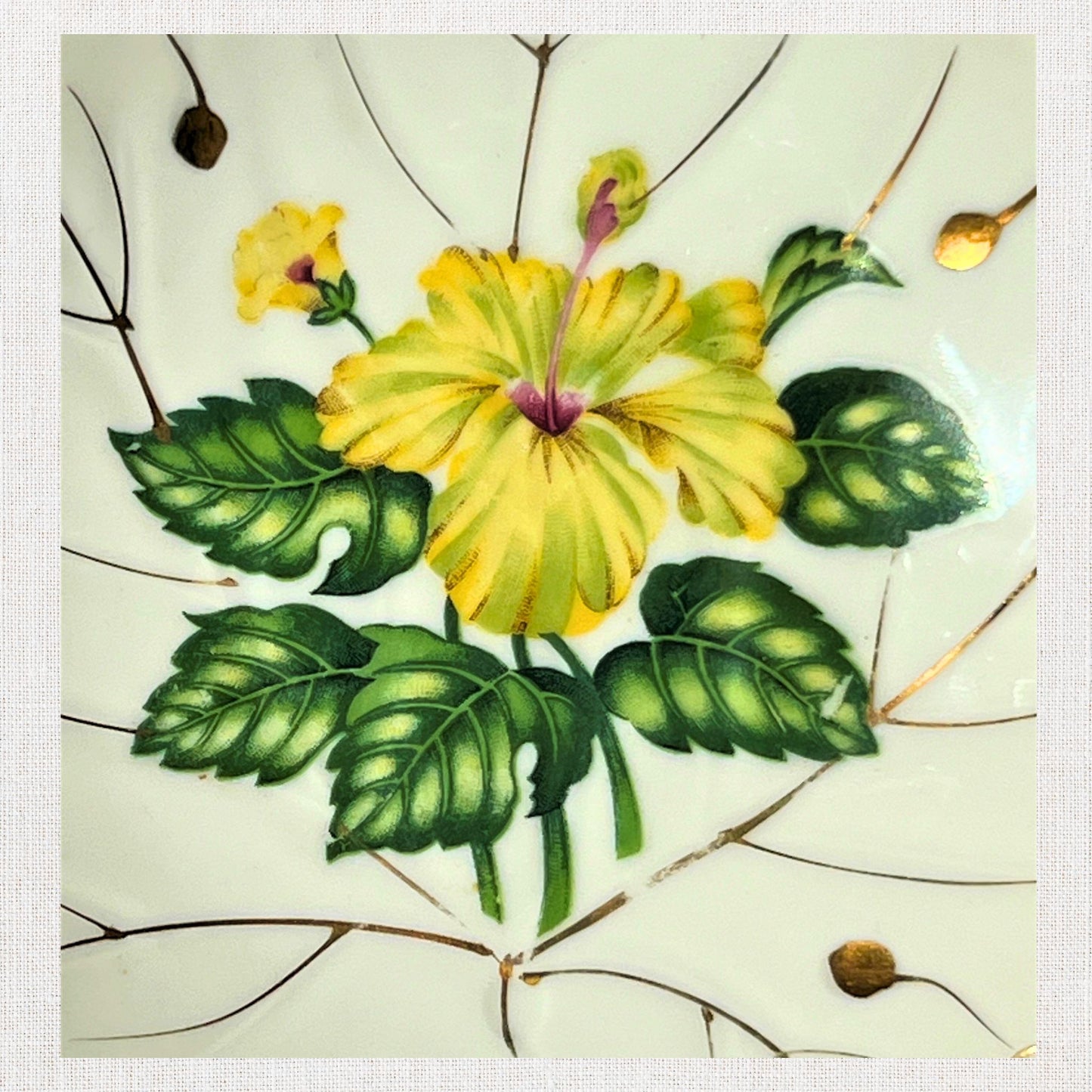 Vintage Nasco Japan Hibiscus Leaf Plate – Yellow Floral Porcelain with Gold Trim
