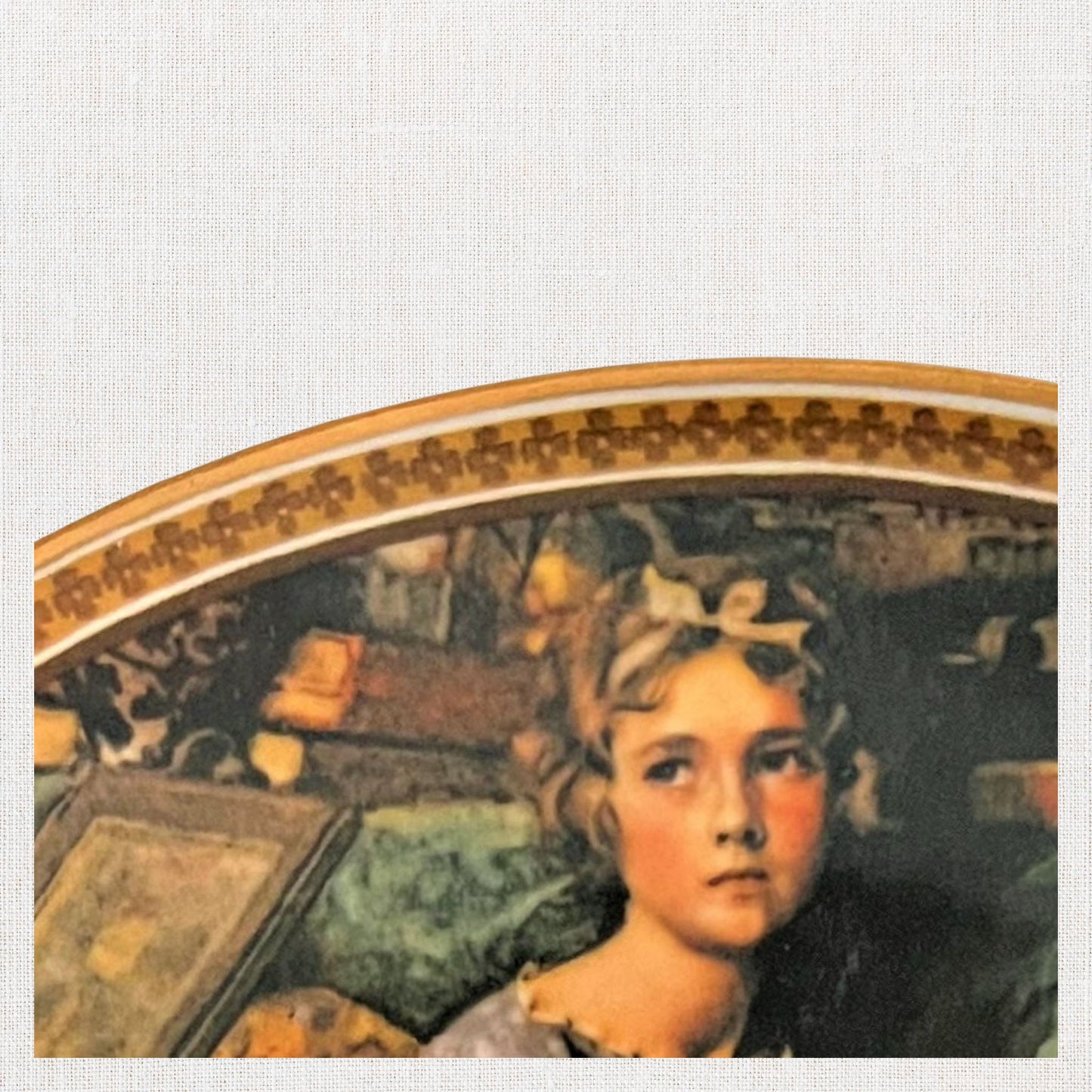 Norman rockwell dreaming in the attic plate on neutral background, vintage home decor or collectible.