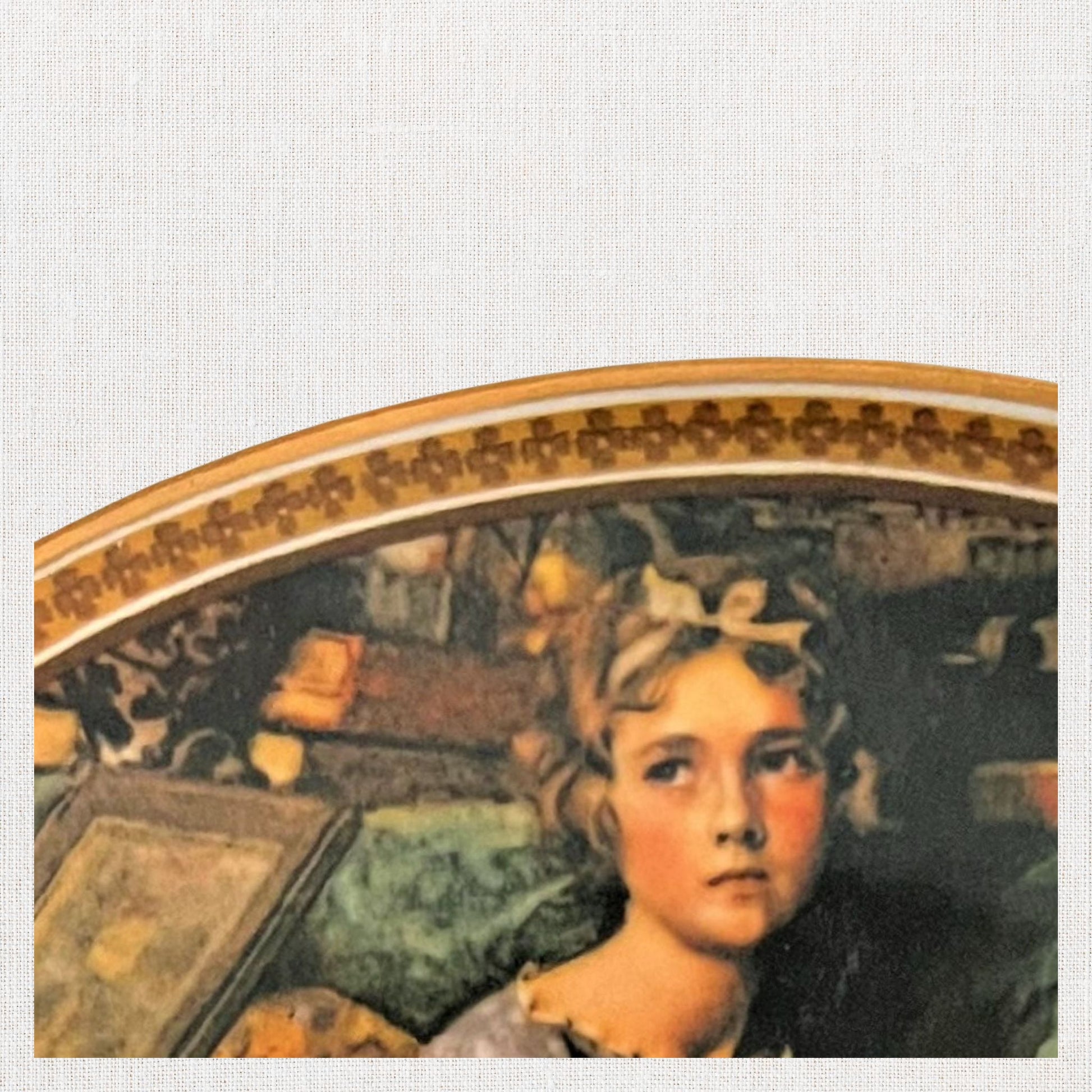 Norman rockwell dreaming in the attic plate on neutral background, vintage home decor or collectible.
