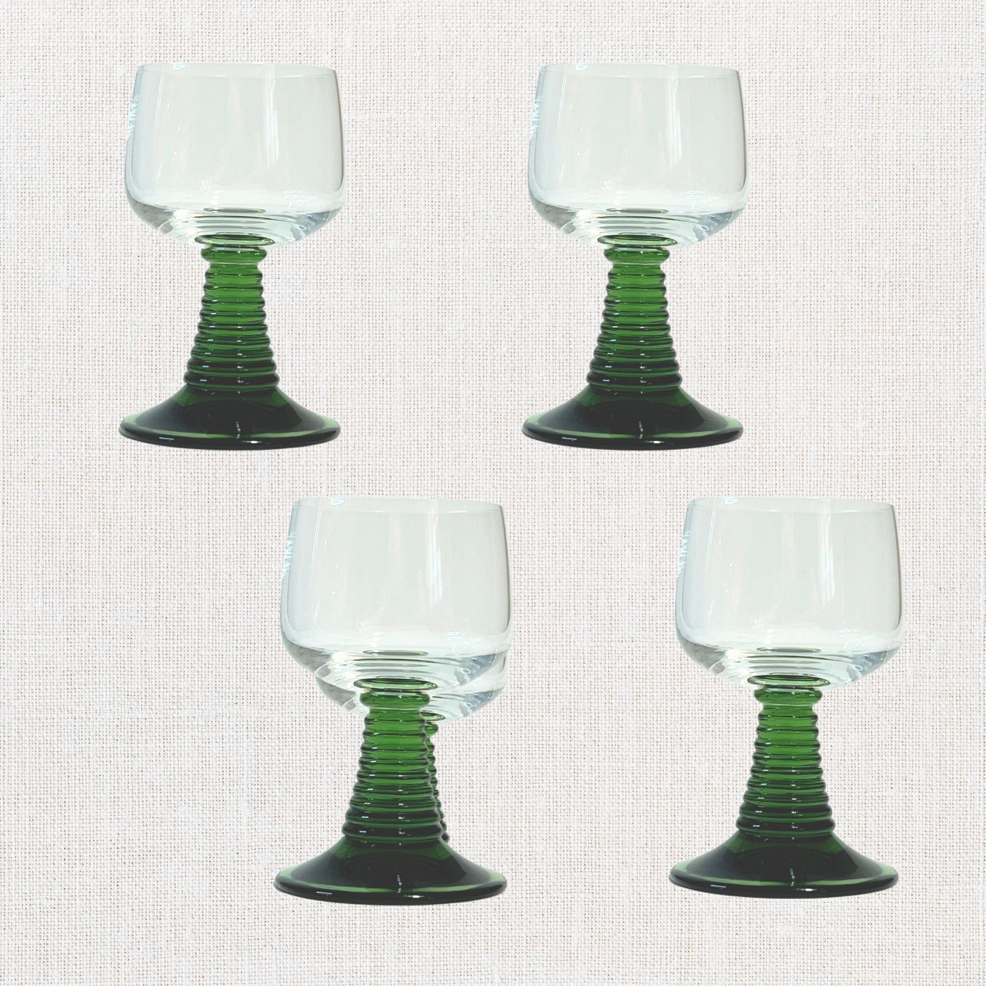 Luminarc green beehive stem cordial glasses on neutral background, vintage home decor or collectible.