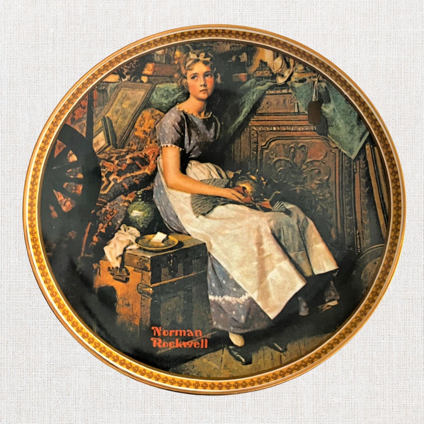 Norman rockwell dreaming in the attic plate on neutral background, vintage home decor or collectible.