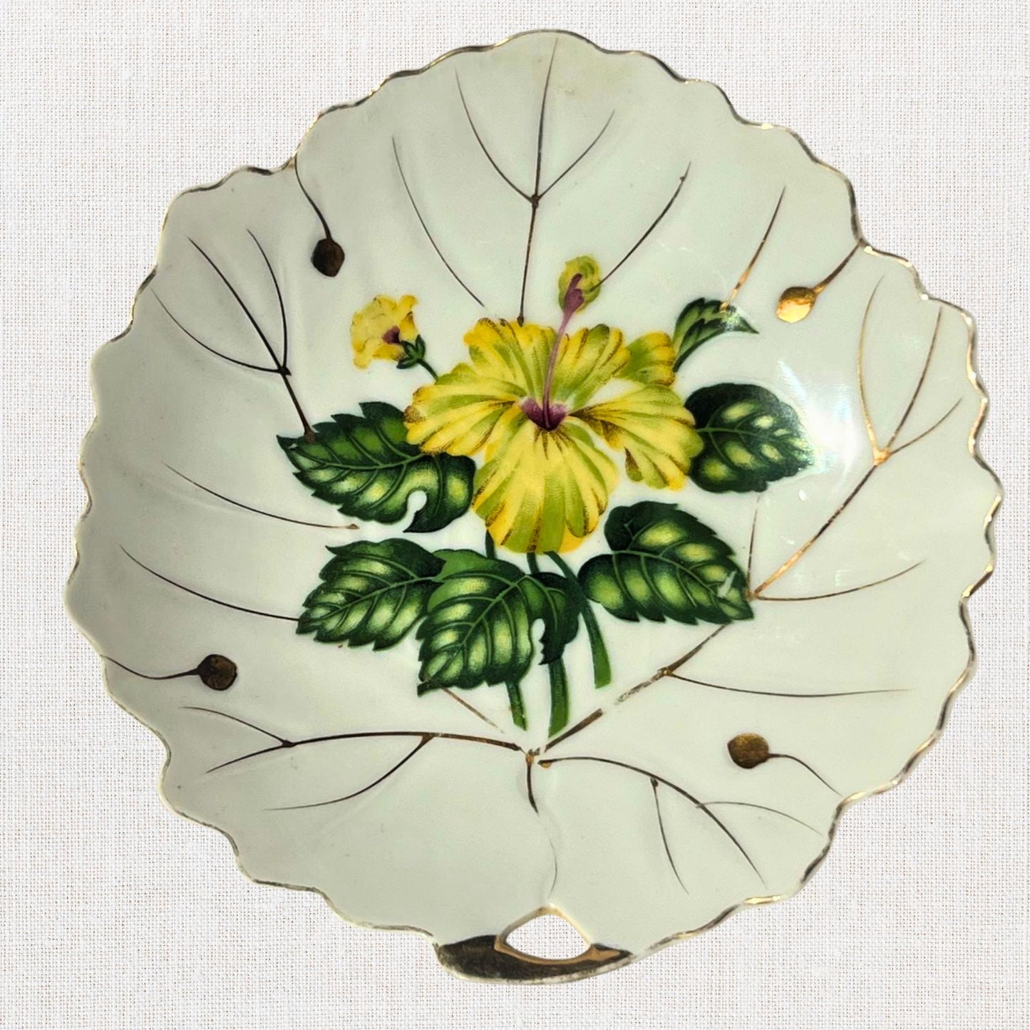 Vintage Nasco Japan Hibiscus Leaf Plate – Yellow Floral Porcelain with Gold Trim